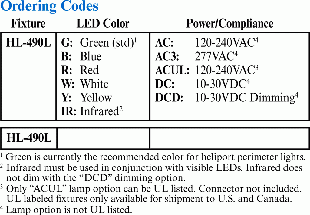 HL-490L Ordering Codes