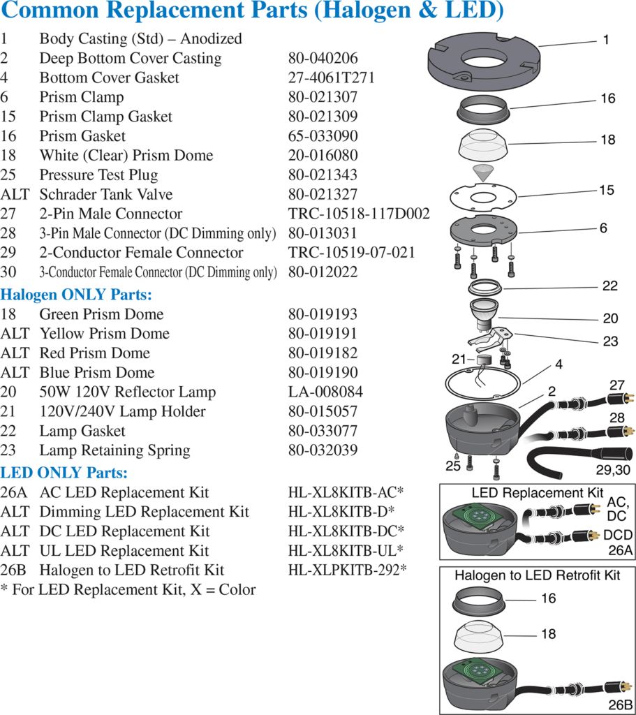 HL-292 Common Replacement Parts (Halogen & LED)